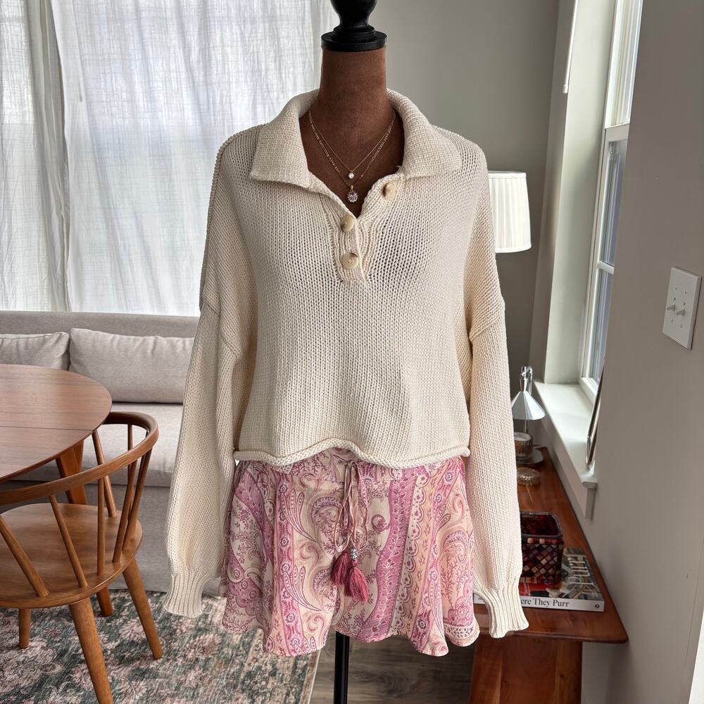 Zara Cream Knit Sweater Cropped Button Collar Summer Beach Preppy Small